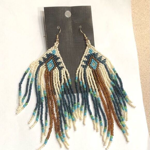 Boho Native American Blue Turquoise Beaded 4.5” Long Dangle Earrings (a)126 - Picture 3 of 8